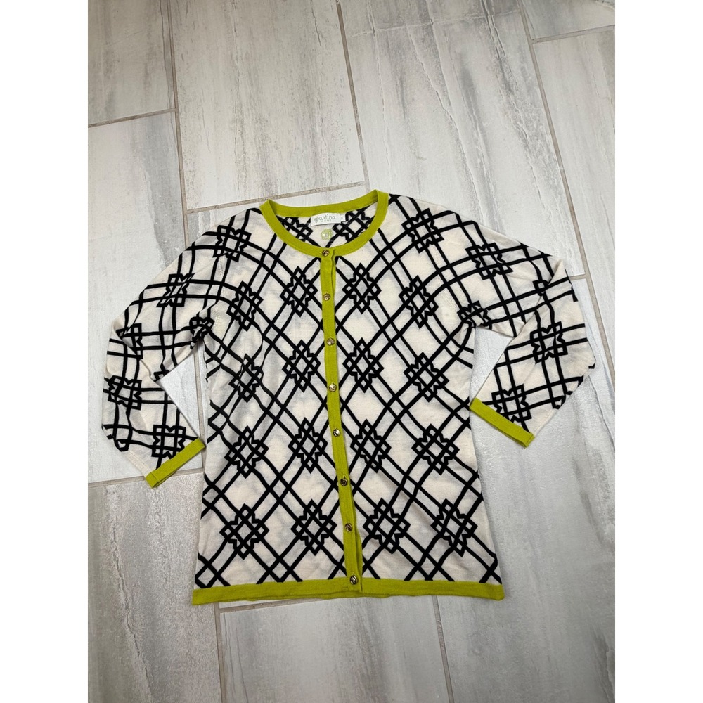 Spartina‎ 4498 Seven Oaks Merino Wool Cardigan Geometric Lattice Lime Green Sz S